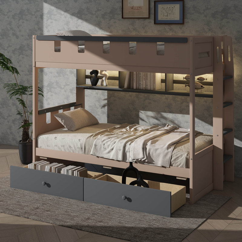 Lit superposé d'inspiration château avec deux tiroirs, une tablette et un éclairage à DEL intégré, Simple sur simple, Gris