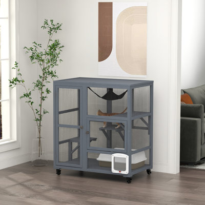 Maison pour chat Pawhut, abri pour chat intérieur sur roulettes, cage pour chat en bois avec porte à rabat, hamac à plateforme et plateau ouvert pour 2 chats, 39 po