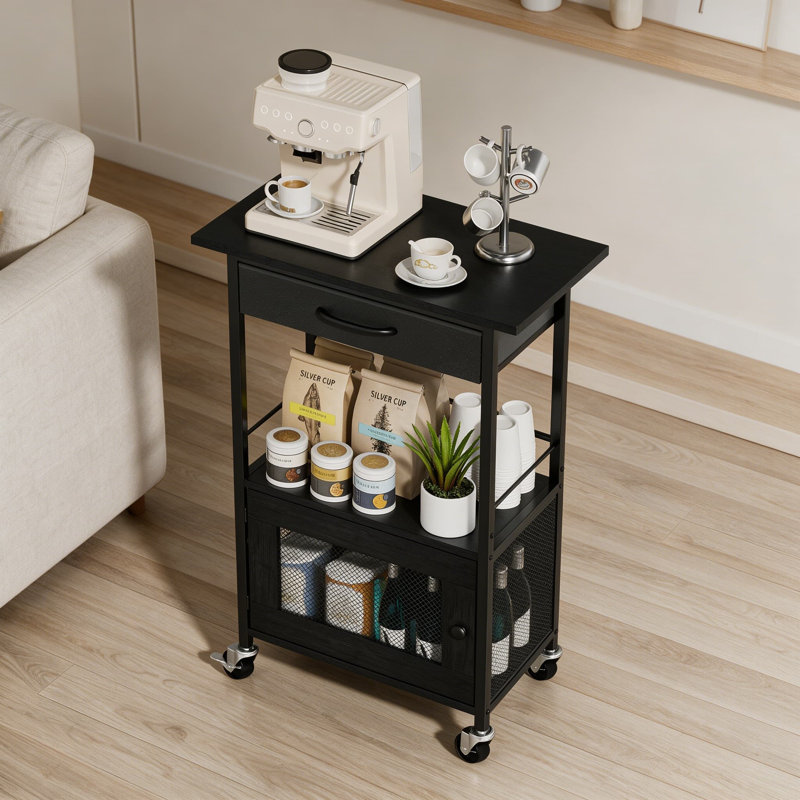 Buffet armoire de bar - support de cuisine à roulettes, petit support à café avec tiroir de rangement et armoire de porte - support de micro-ondes pour appartement, salon, entrée