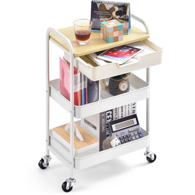 3-Tier Stainless Steel Rolling Cart with Drawer, Metal Utility Cart with Wheels, Salon Trolley Cart, Storage Cart,Bathroom Cart,Metal Cart,Printer Stand