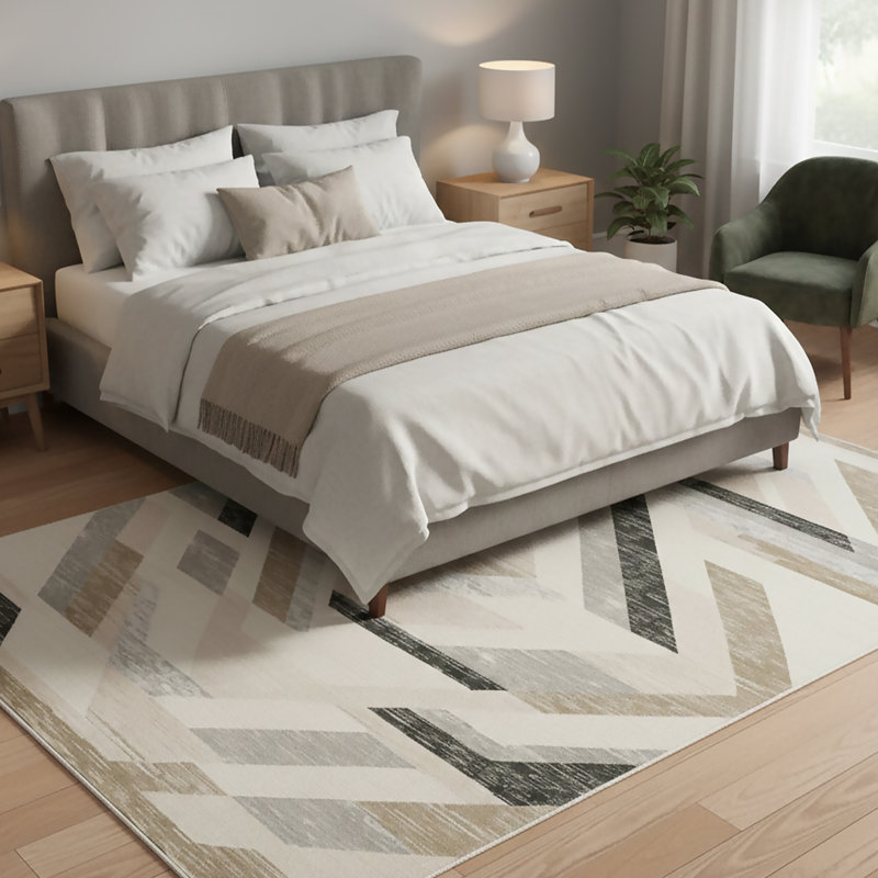 Tapis turc moderne à motif géométrique tissé à la machine en noir / beige / gris, Rectangulaire 8 pi x 10 pi