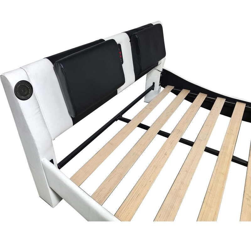 Base de lit tapissier en similicuir: DEL, musique Bluetooth, RVB, massage par vibration, Blanc, Très grand