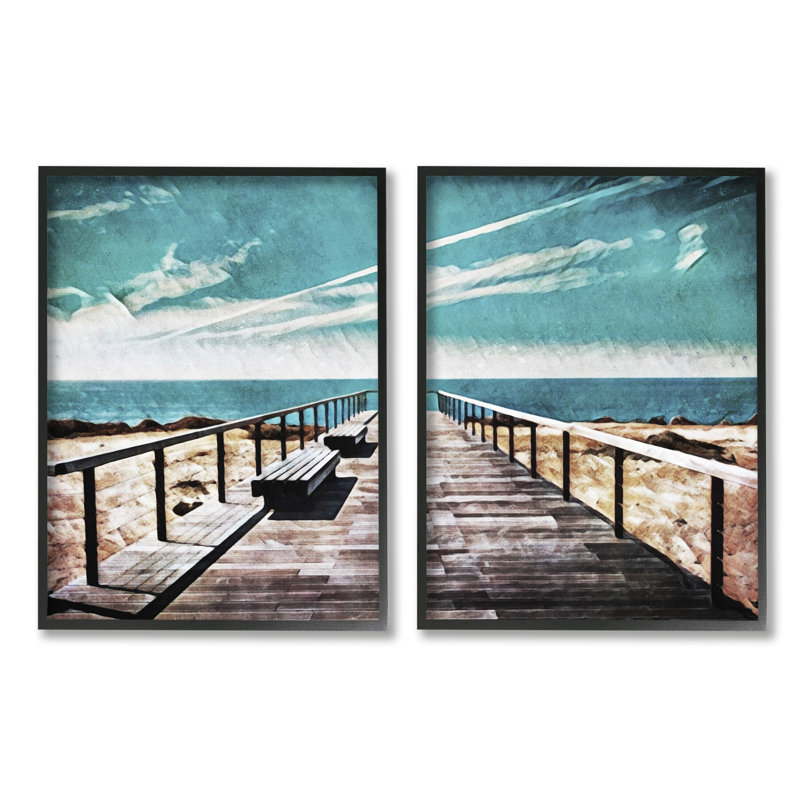 Tranquil Pier Dock Beach Clear Blue Sky Illustration par Ashley Aldridge - ensemble de 2 peintures