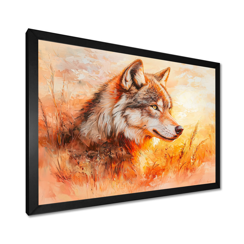 Portrait de loup au coucher du soleil II - reproduction d'art loup, Reproduction encadrée d'une seule photo sans pass, Noir