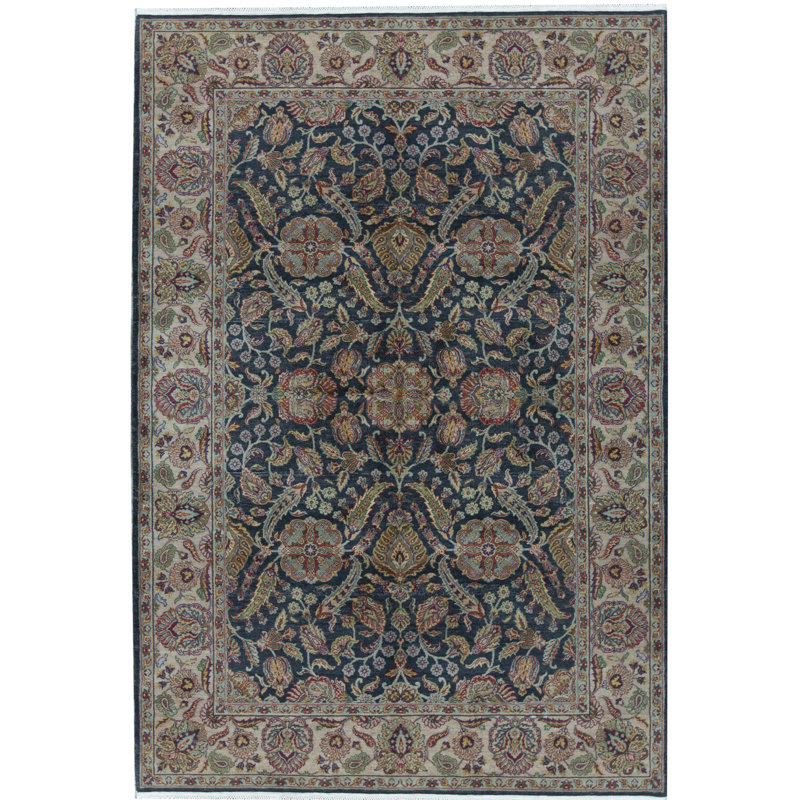 Mahajaran Wool Oriental Area Rug in Navy/Camel