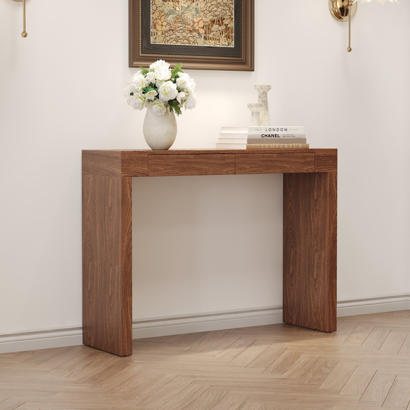 Elegant 50-Inch Natural Wood Grain Bar Table with 2 Drawers, Versatile for Home and Office Use, Dark Wood