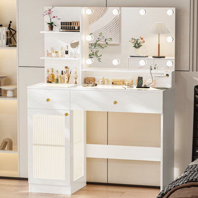 40" Modern Makeup Vanity Desk with LED Mirror, Glass Top, Storage Drawer & Glass Cabinet, 3 Light Modes, Power Outlet - Perfect for Bedroom by Ebern Designs