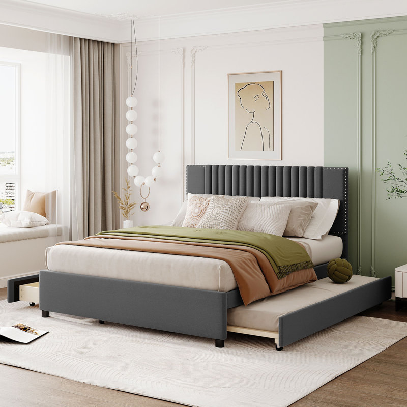 Upholstered Platform Bed with 2 Drawers and 1 Trundle, Classic Headboard Design, Full/Double, Gray