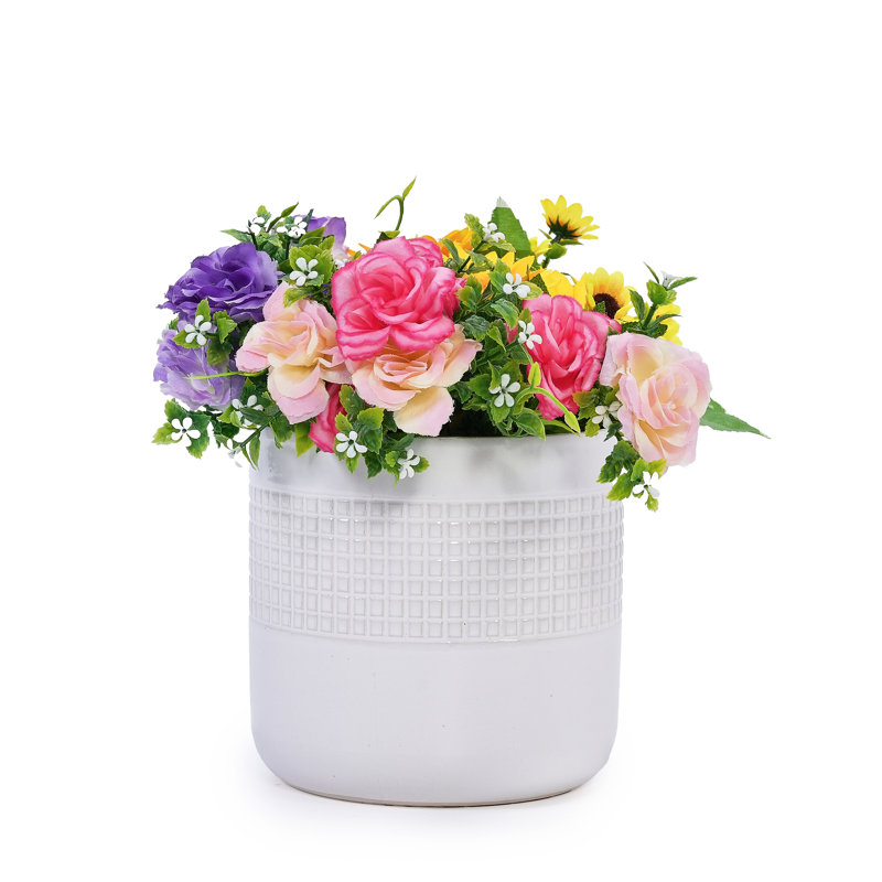 Of 3 Ancient White Glossy Grid Ceramic Flowerpots, All - Weather For Various Settings With Drainage Hole Piece Modern Planters Patio, Garden And Living Room Durability