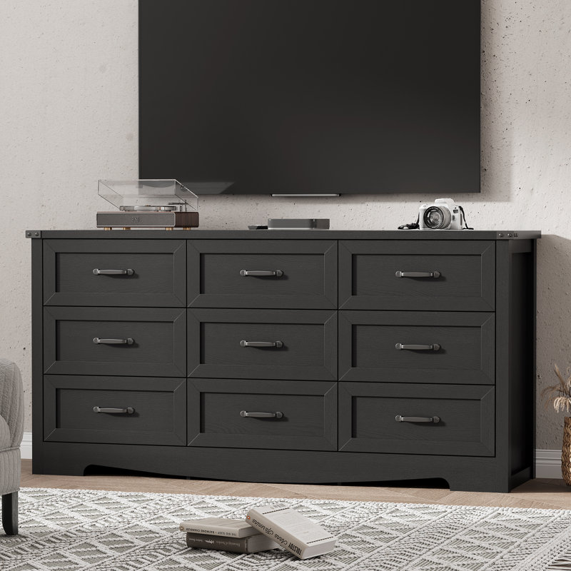 Modern rustic-style nine-drawer dresser with ample storage capacity. Features a 59-inch wide body design and anti-tip device for safety and stability. Available in four color options.