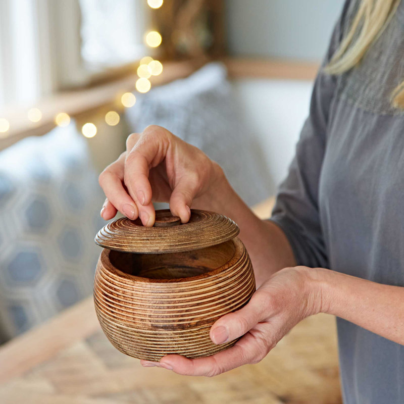 Makula Natural Mango Wood Bowl with Lid, 8.5cm H x 13cm W x 13cm D