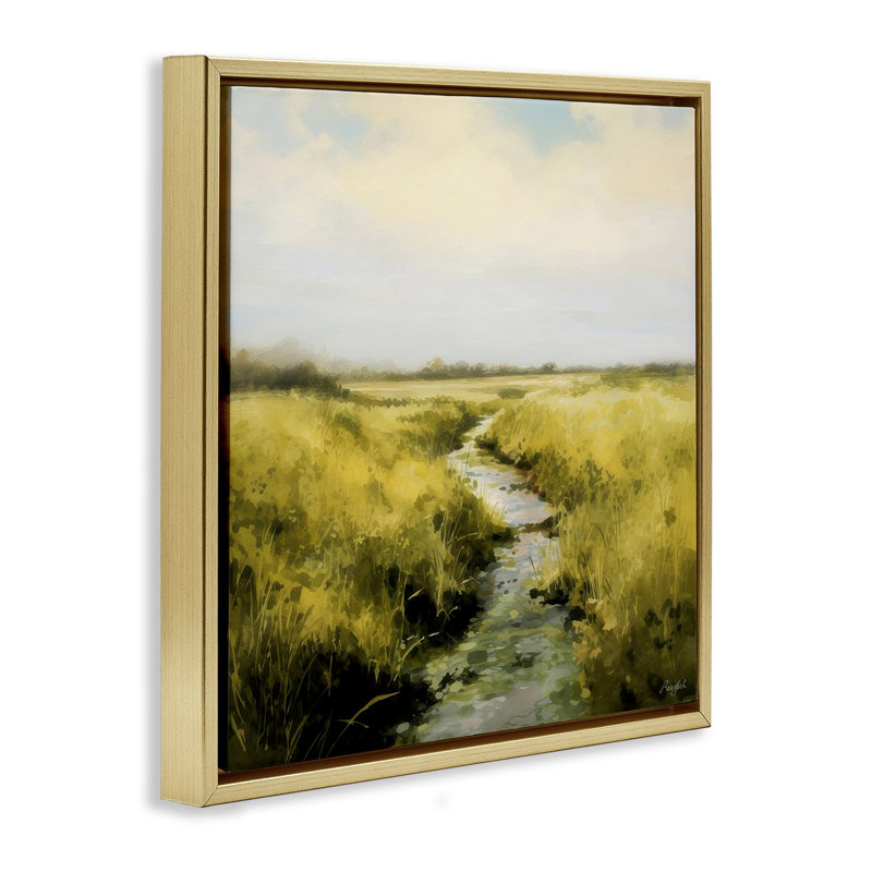 «Calming Horizon Stream», art mural encadré par Roozbeh Bahramali, H 18 po x l 18 po, Cadre flottant métallique doré