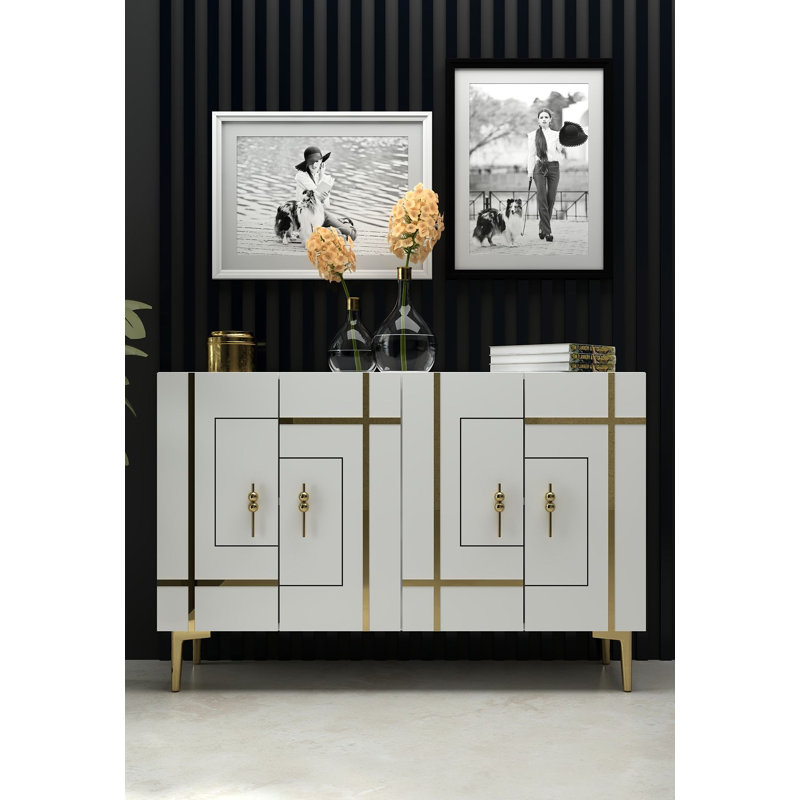 Console moderne avec de nombreuses tablettes, blanc et or, panneau de particules recouvert de mélamine à 100%, épaisseur: 0,7 pouce | Design géométrique mural et élégant pour la décoration et le rangement de la maison
