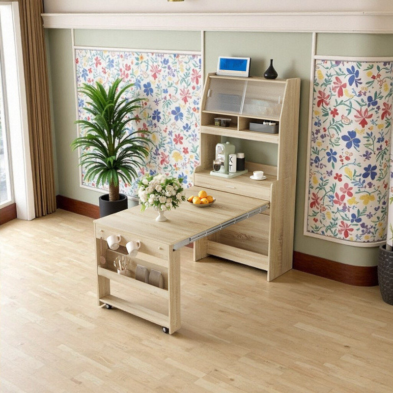 Compact 33.5''W Buffet Hutch With Foldable Dining Table Multifunctional Storage Cupboard For Small Spaces