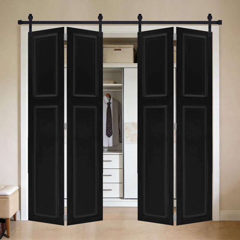Porte de grange coulissante double en panneau de fibres à densité moyenne noyer noir 96 po x 64 po avec quincaillerie Doubel