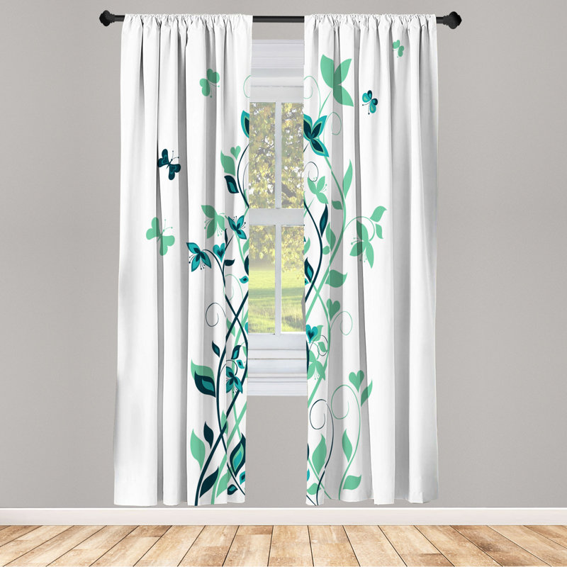 Microfiber Floral Semi-Sheer Rod Pocket Curtain Panels, 28" W x 63" L, Dark Green/Green/White