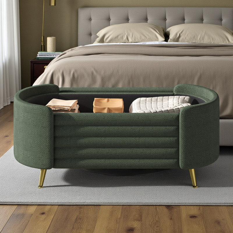 Banc de rangement courbé et rembourré - Pieds en métal doré, conception ovale moderne, Vert