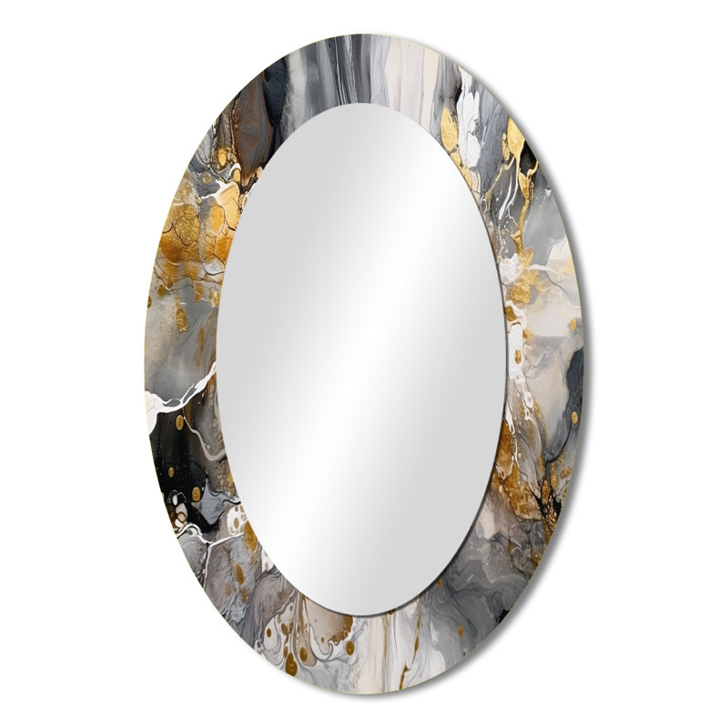 Grey Gold Delicate Abstract Brushstrokes IV - Gray Modern Oval Wall Mirror, 36" x 24"