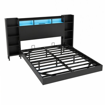 Cadre de lit flottant simple et double avec lumières DEL et station de charge, lit plateforme en métal avec tête de lit cachée pour la chambre à coucher, petits espaces