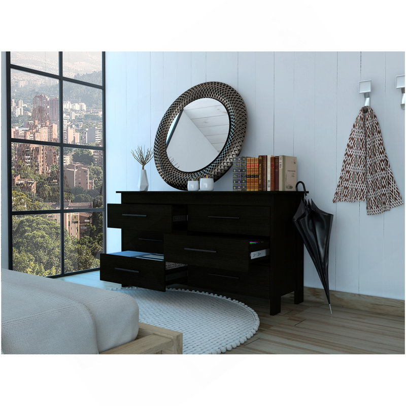 Commode double, quatre pieds, 6 tiroirs, plateau supérieur, noir, Noir