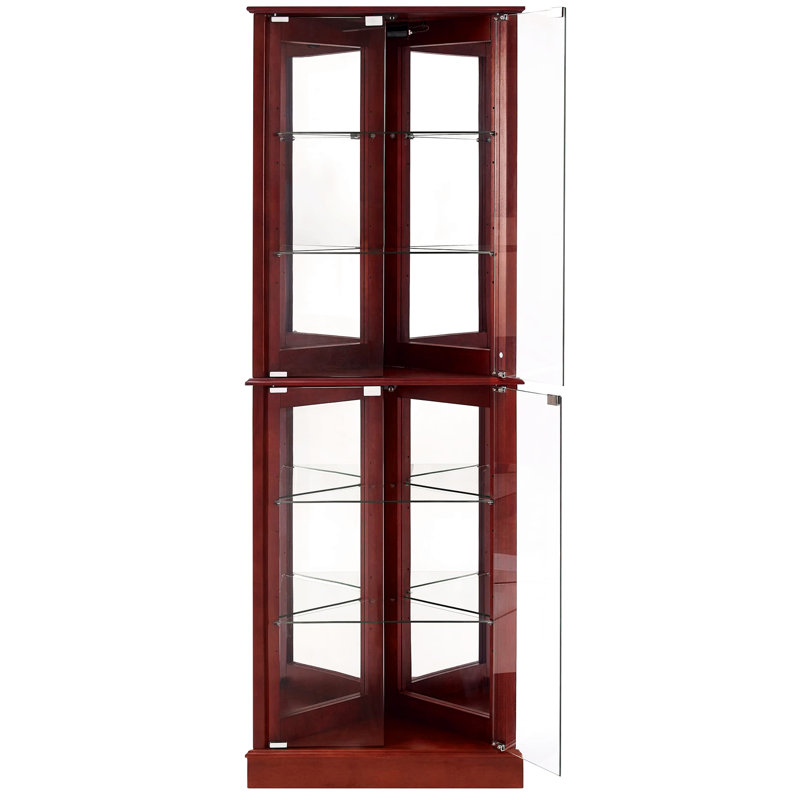Vitrine en cerisier vitrine - rétro-éclairage en miroir, tablettes réglables, décor d'angle en verre trempé antique
