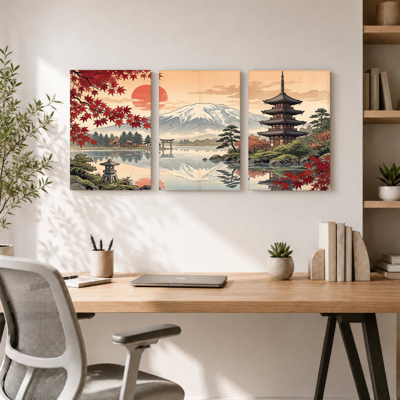 «Red Maple Leaves» encadrant le mont Fuji et la pagode, ensemble de 3 toiles murales, H 30 po x l 20 po x 3 pièces