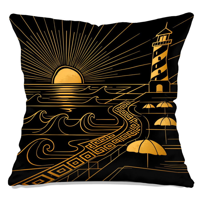 Beach Scene Geometric Linen Throw Pillow, 14 x 14 inches, Black and Gold