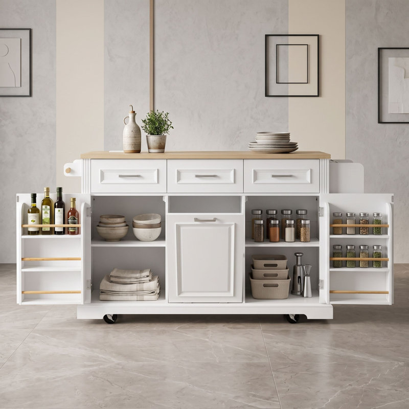 Chariot de cuisine roulant avec abattant, 3 tiroirs, compartiment à ordures dissimulé et prise électrique, White