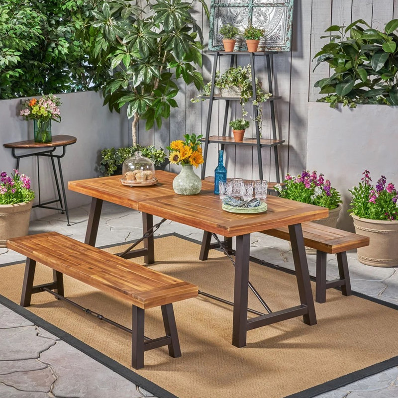 Siège d'extérieur en bois 3 pièces avec mobilier de salle à manger en métal et à lattes