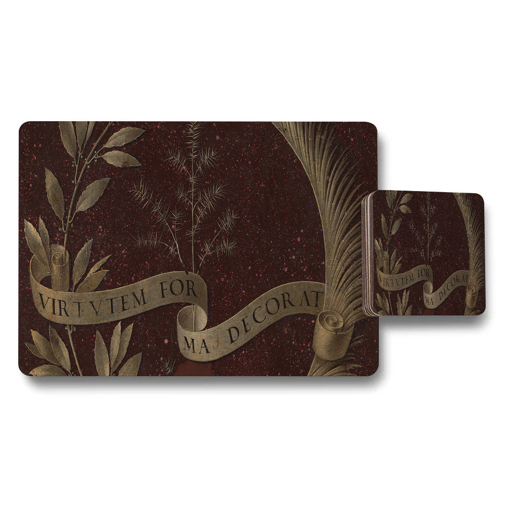 Botanical Placemat and Coaster Set With Vintage Ribbon Design