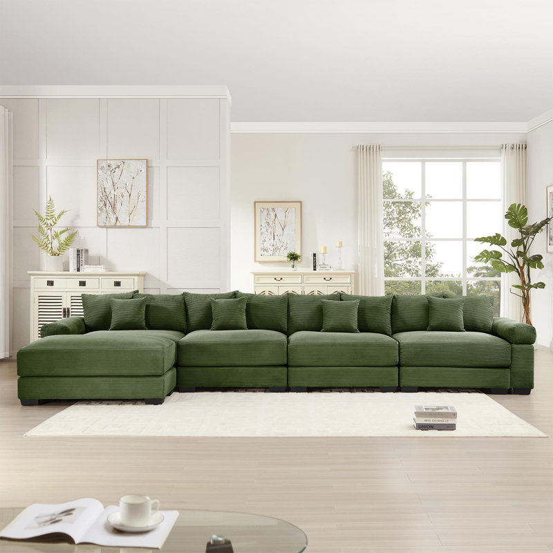 Oversized Cloud Modular L-Shape Sectional Couch, Green Corduroy