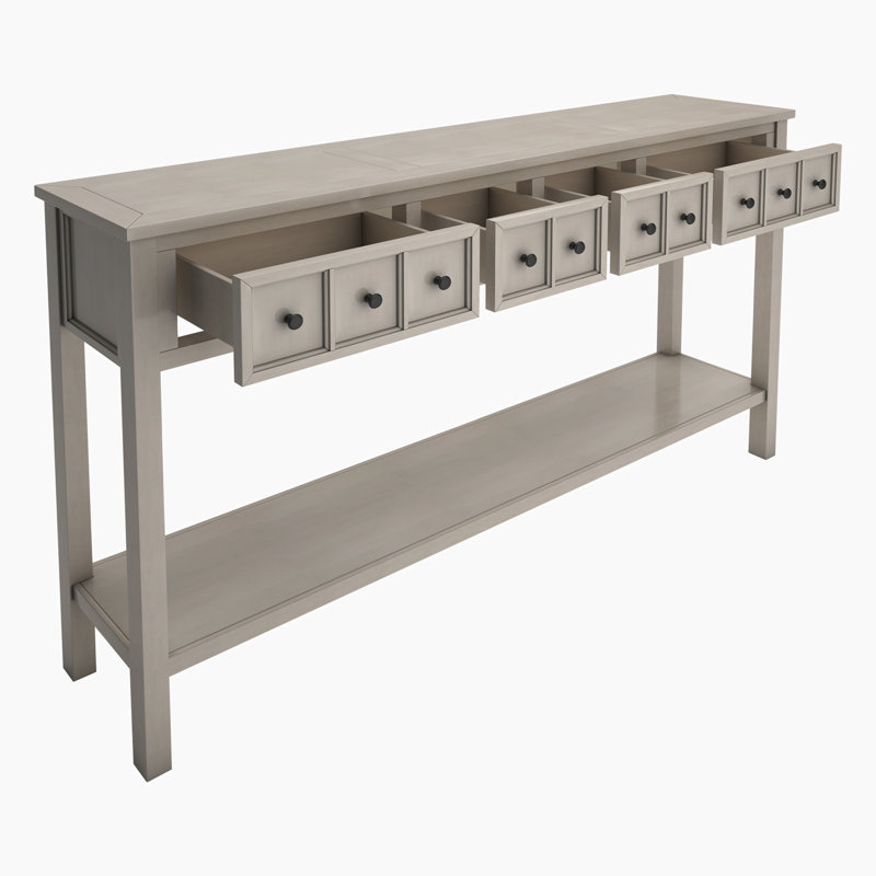 Rustic Wood Storage Sofa Console Table with two Different Size Drawers and Bottom Shelf, Grey Wash