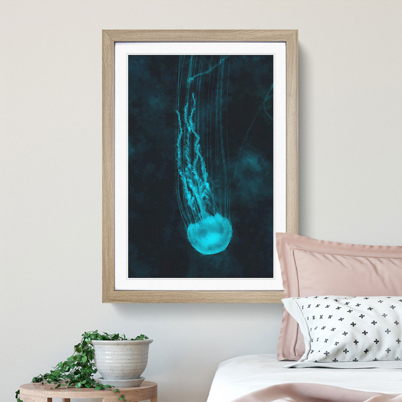 Neon Blue Jellyfish Abstract - Picture Frame Graphic Art Print, 87cm H x 62cm W x 2cm D, Oak Framed