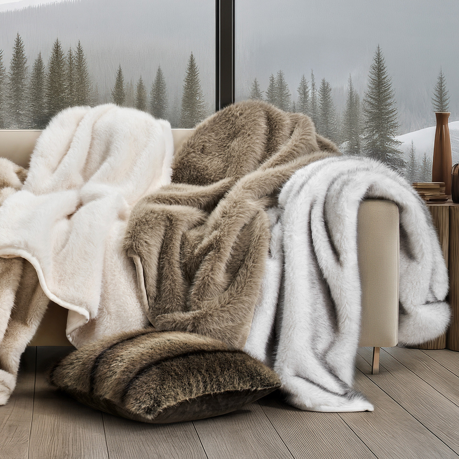 Luxe Faux Fur Throw Blanket, Natural Mink, Throw
