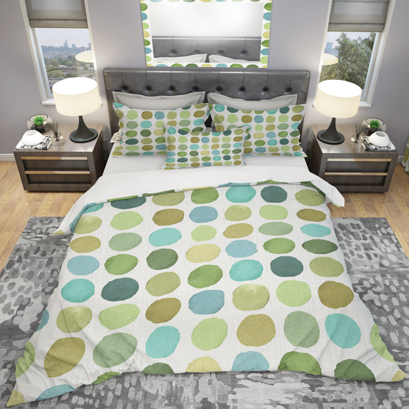 Geometric Green Circle I - Ensemble de housse de couette moderne Mid-Century - Microfibre de polyester