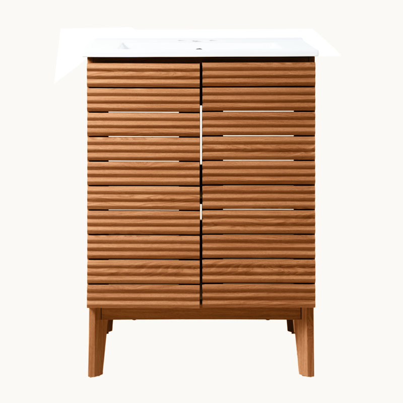 Armoire de salle de bain à 2 tablettes en bois mince à lattes linéaires l 24 po x P 18 po x H 33 po Calandre (lavabo non inclus), noyer