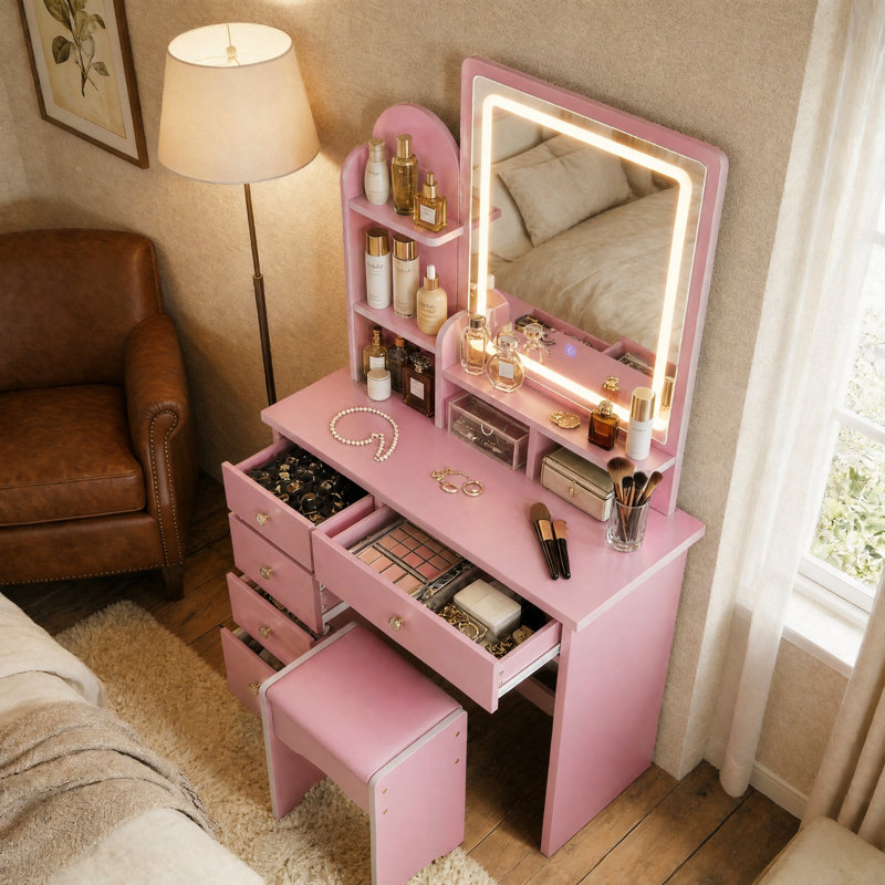 Ensemble coiffeuse avec miroir et tabouret Artilus, Rose