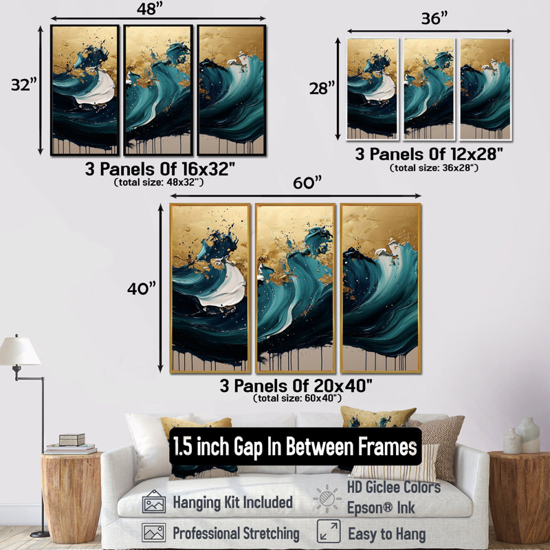Pierre émeraude sur bruine rythmique dorée I - encre liquide, art mural - 3 pièces, H 28 po x l 36 po, Argent argent