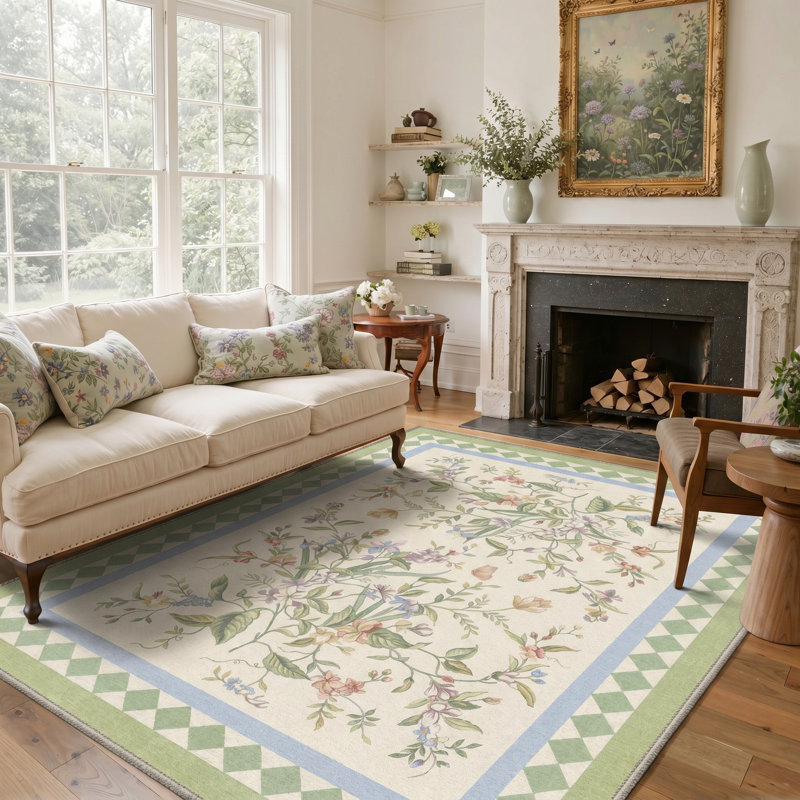 Tapis antidérapant floral ivoire / vert Performance, Rectangle 4 pi x 6 pi