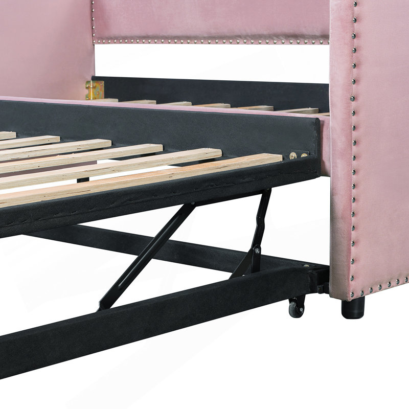 Twin Size Velvet Upholstered Daybed With Pop-Up Trundle For Dual Functionality And Extra Sleeping Space., Pink