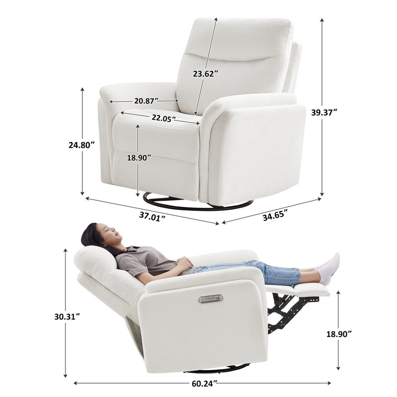 37" Upholstered 3 In 1 Swivel Glider Power Recliner, White
