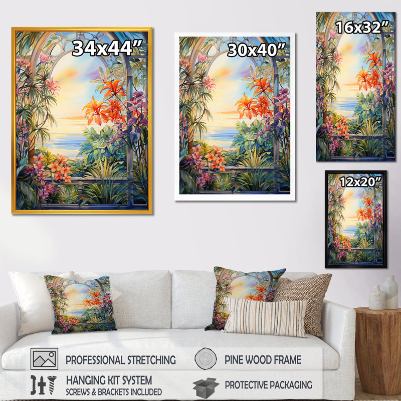 «Tropical Windows View Blooms 3», art mural floral abstrait, Cadre flottant doré, H 60 po x l 28 po x P 1,5 po