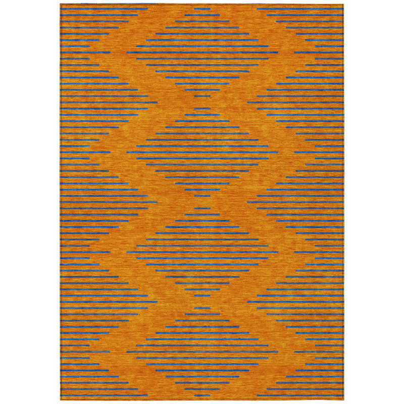 Orange and Blue Geometric Synthetic Washable Rug 46" x 30"