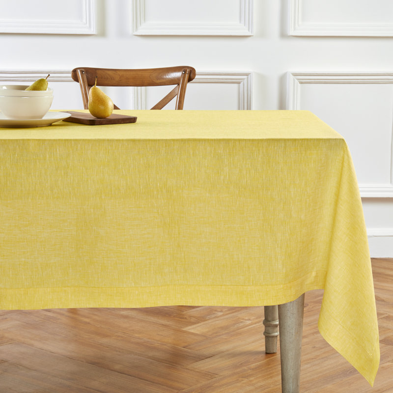 100% Pure Linen Tablecloth - Athena, 144" x 60", Chambray Lemon Yellow
