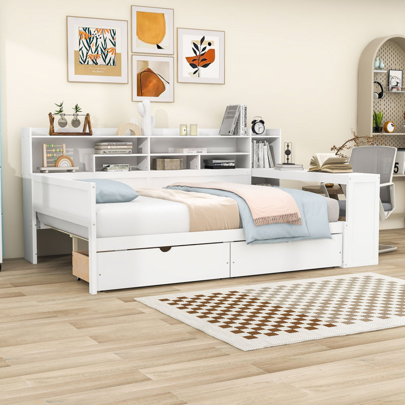 Multifunctional Wooden Daybed with Built-in Desk, Side Storage Shelves and Drawers, Full, Antique White