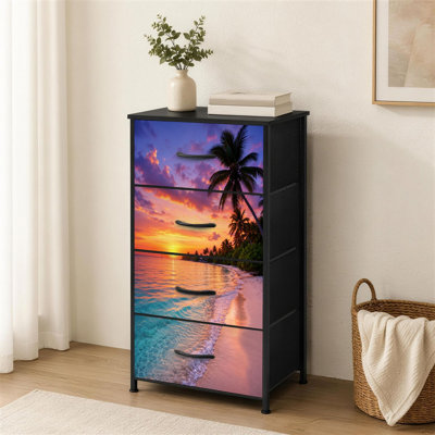 Commode à 4 tiroirs pour la chambre à coucher vibrante plage tropicale, coucher de soleil, palmiers, eau tranquille, petite et grande commode pour vêtements