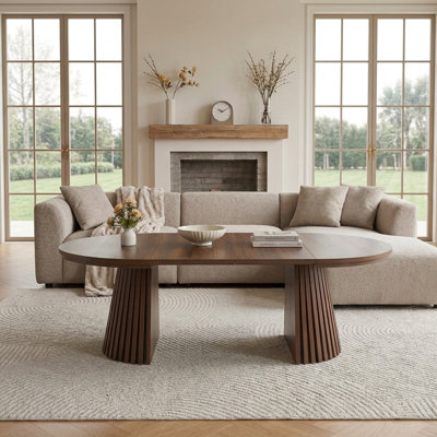 55" Extendable Oval Coffee Table With Slatted Legs, Multi-Functional Wooden Center Table For Living Room, Walnut Finish