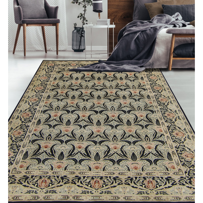 Tapis persan Ariel fabriqué à la main - noir - rose, 6 pi 2 po x 8 pi 11 po