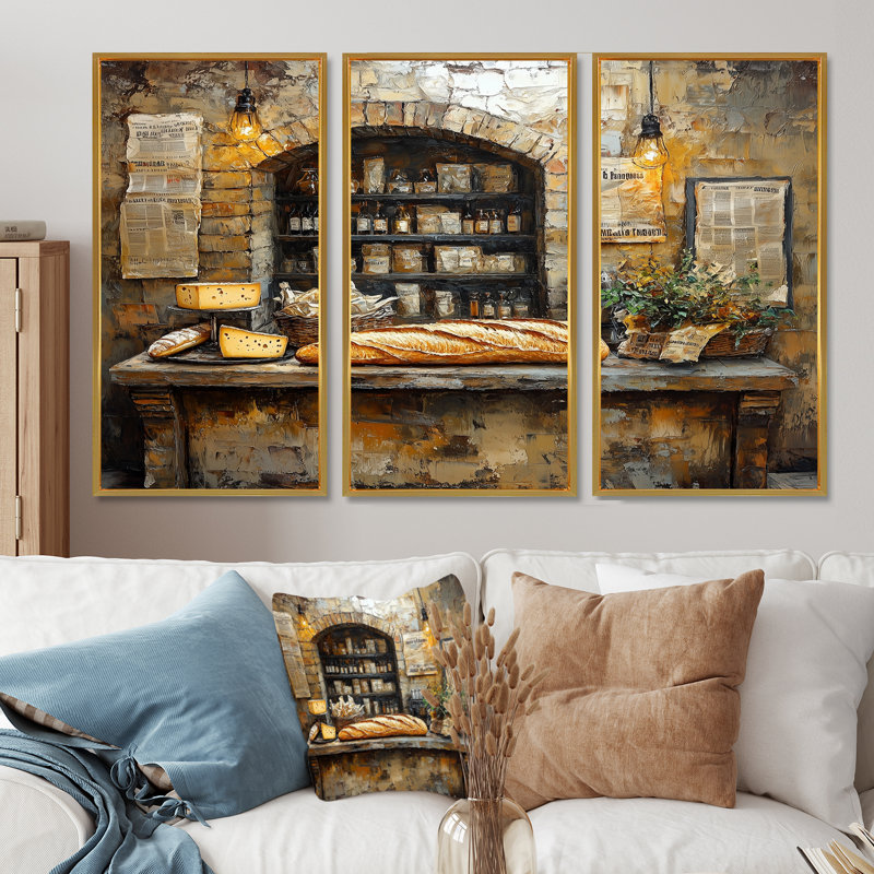 French Cafe Baguette Et Fromage II, Toile avec cadre flottant or, H 32 po x l 48 po x P 1 po
