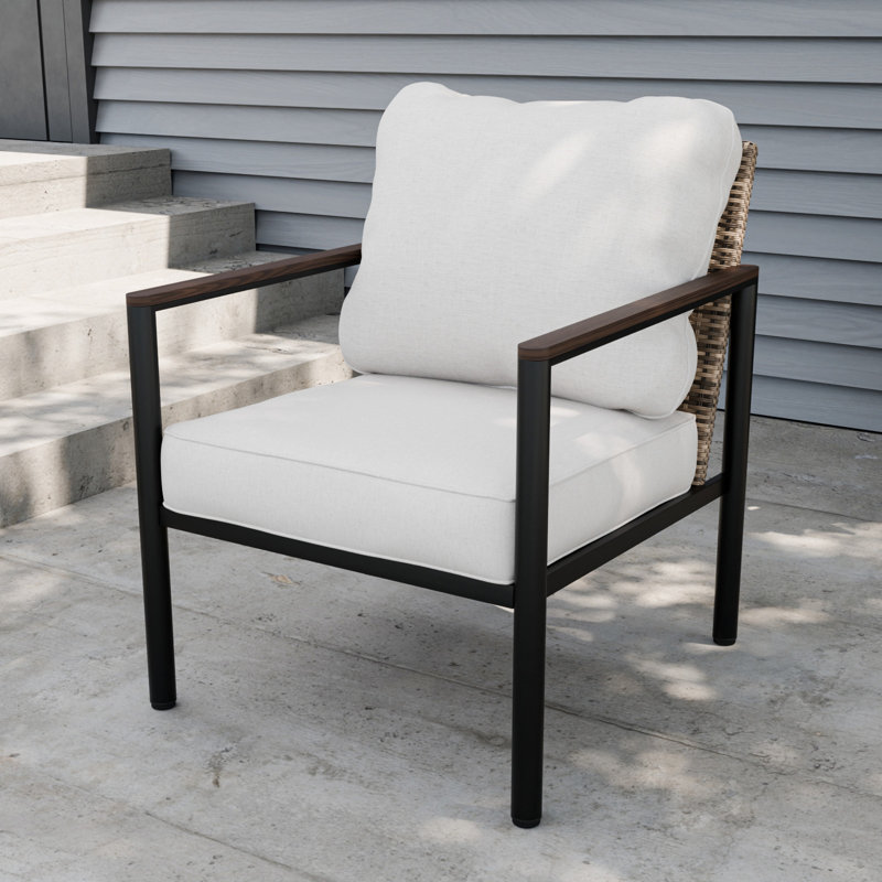 Outdoor Light Brown Wicker Dining Chair in Steel Frame with Cushions, Beige